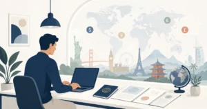 Nômade digital com documentos internacionais e laptop — planejamento de residência fiscal para brasileiros no exterior