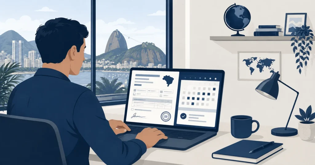 Brasileiro no exterior revisando documentos de imposto de renda e residência fiscal no Brasil